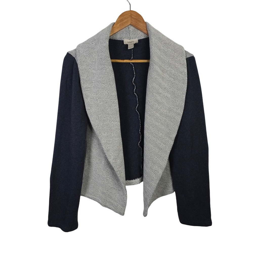 LOFT Womens Large Navy‎ Blue Gray Herringbone Shawl Collar Open Front Cardigan